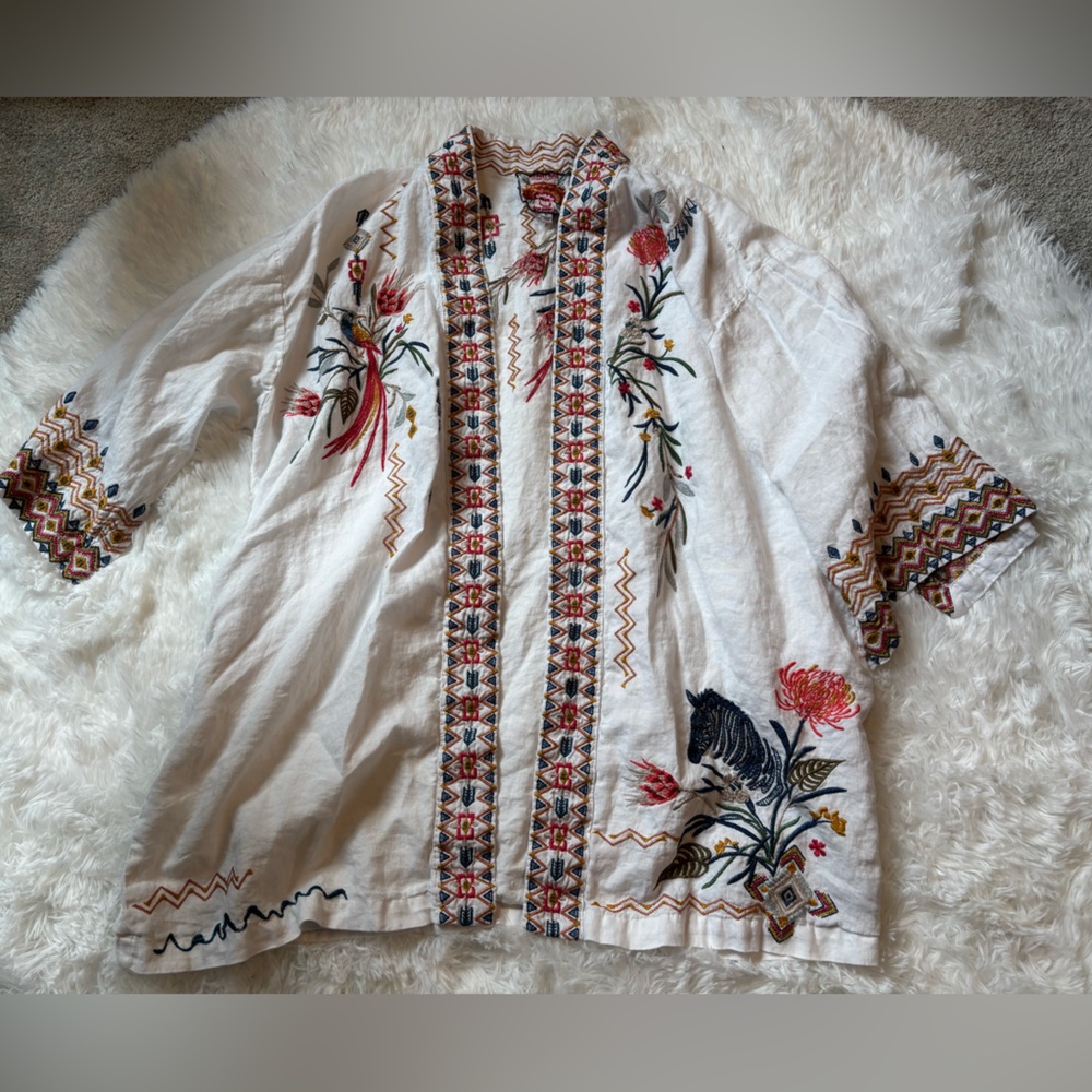 Johnny Was Embroidered Cotton Cardigan